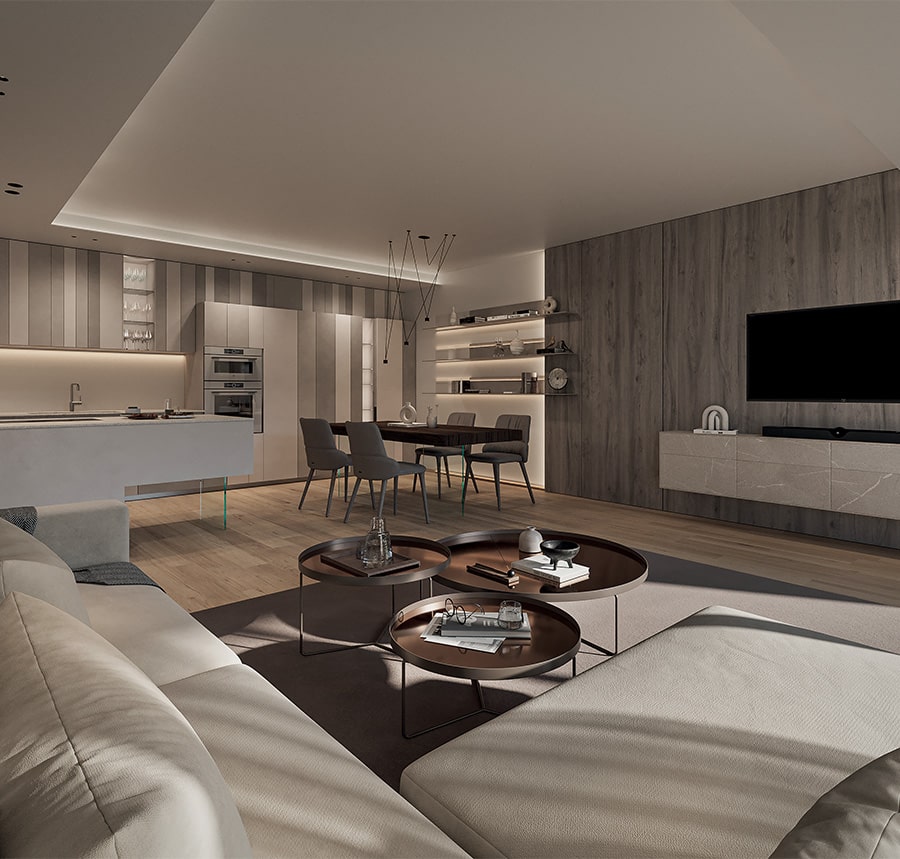 Soggiorno Moderno Open Space con Ccucina a Vista, Tavolo da Pranzo e Arredi Minimalisti in Toni Neutri