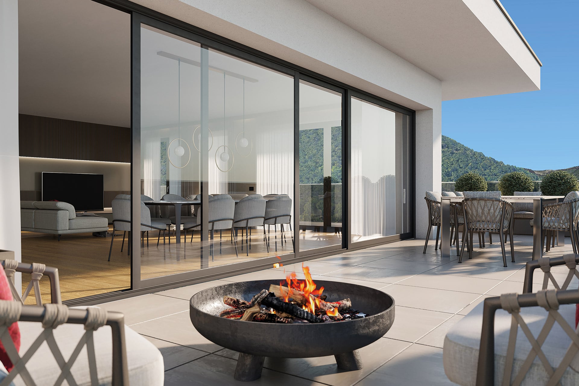 Grande Terrazza Open Living con Tavolo Apparecchiato e Vista sul Bosco Urbano